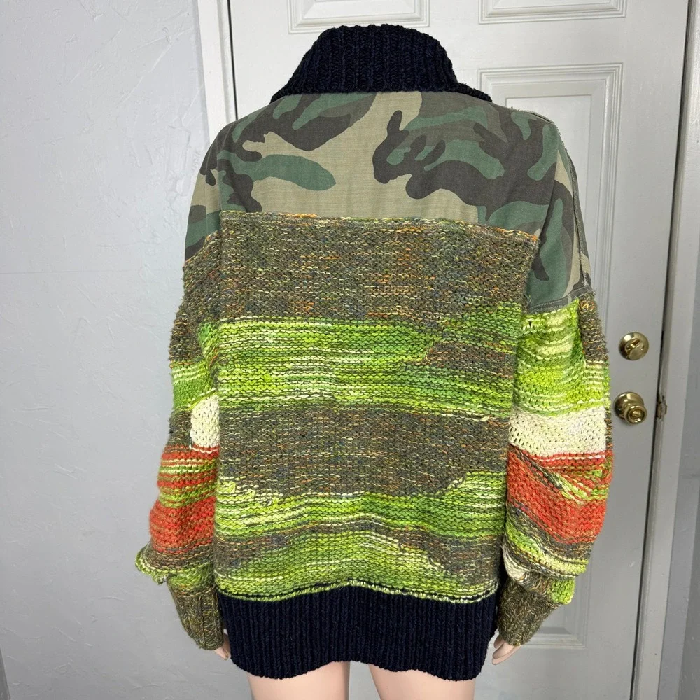 Free People Camo Clash Bomber Women's sweater Large Cotton Knit Cardigan zip Z15